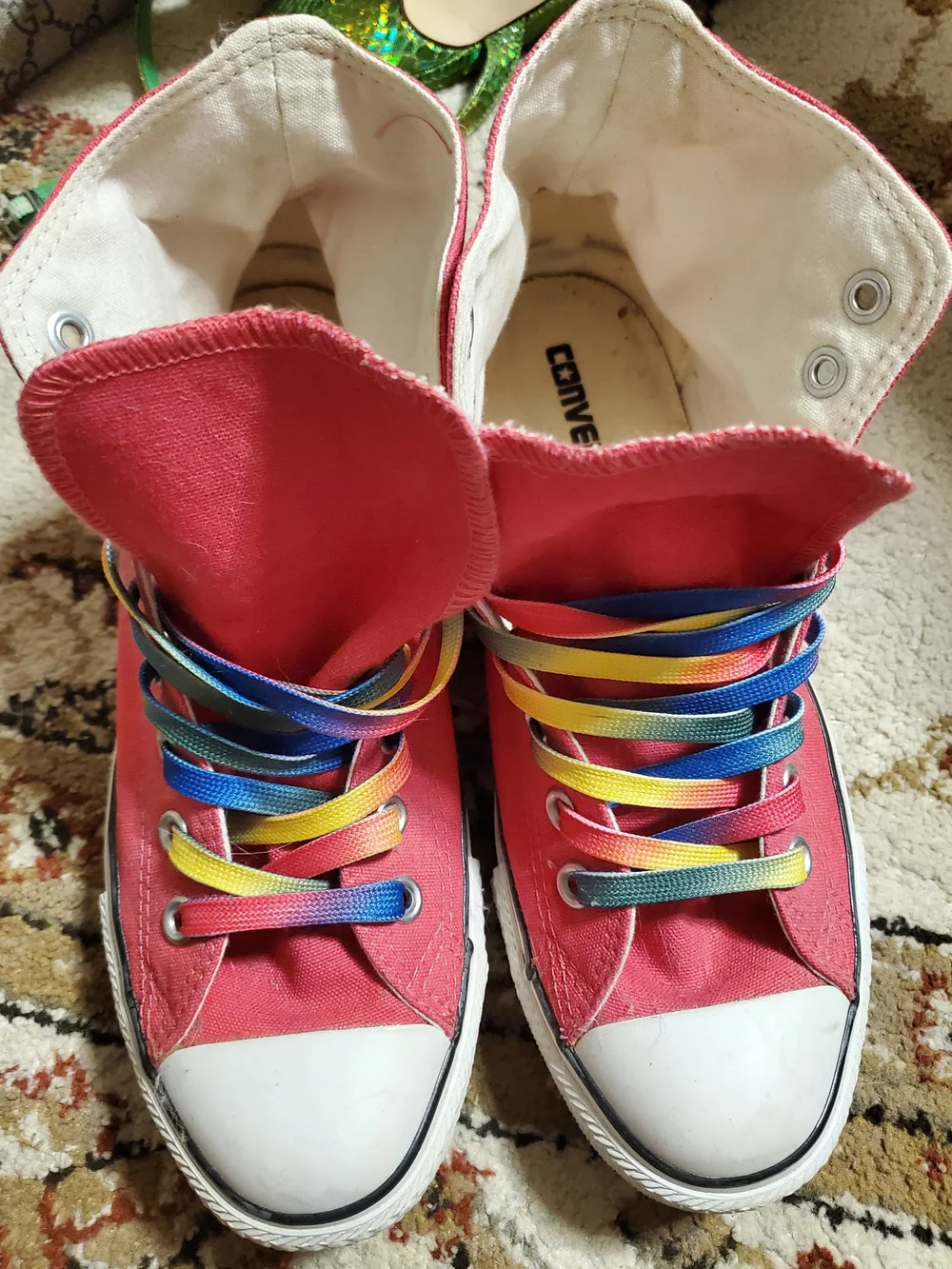 Converse Chuck Taylor High Top Sneakers - Red Canvas with Rainbow Laces Unisex - Picture 12 of 13